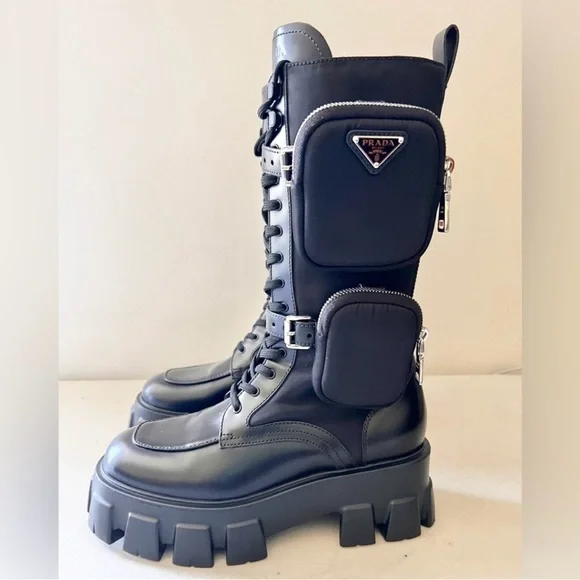 Prada Monolith Black Leather Combat Boots With Removable Pouches Tall Boot Sz 37 - Picture 6 of 12